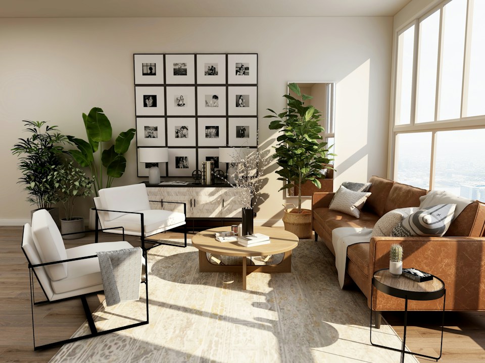 Inviting neutral living room with a sofa and warm accent lighting
